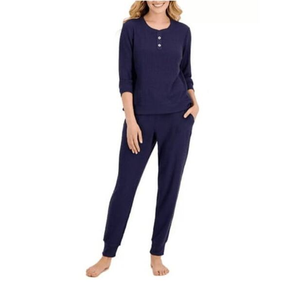 Alfani Womens 2-Piece Thermal Waffle-Knit Henley Pajama Set Eclipse Blue X-Small - Picture 1 of 1